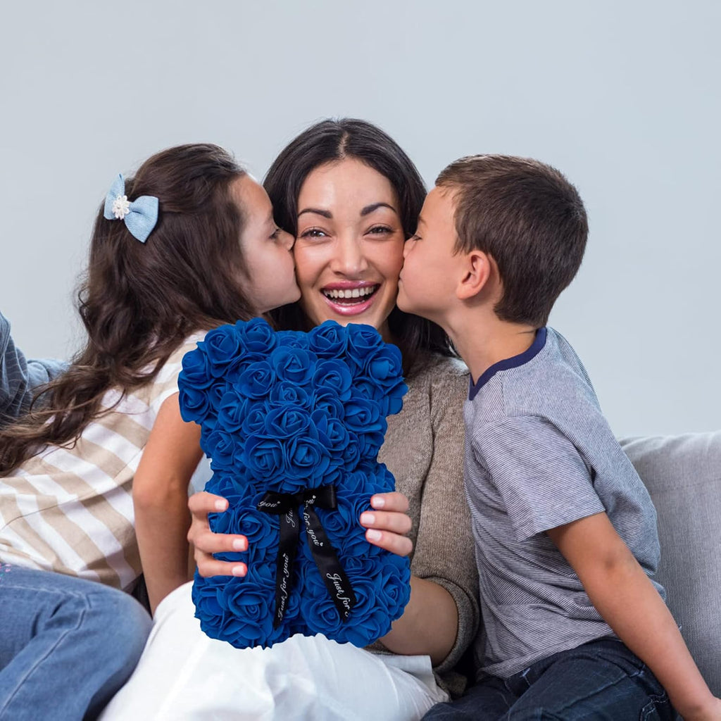 Rose Bear Rose Teddy Bear Flower Gift Black Box for Valentines Gifts Anniversary Christmas,Birthdays Bridal Showers -Fully Handmade 10 Inch Flower Bear Clear Gift Box (Royal Blue)