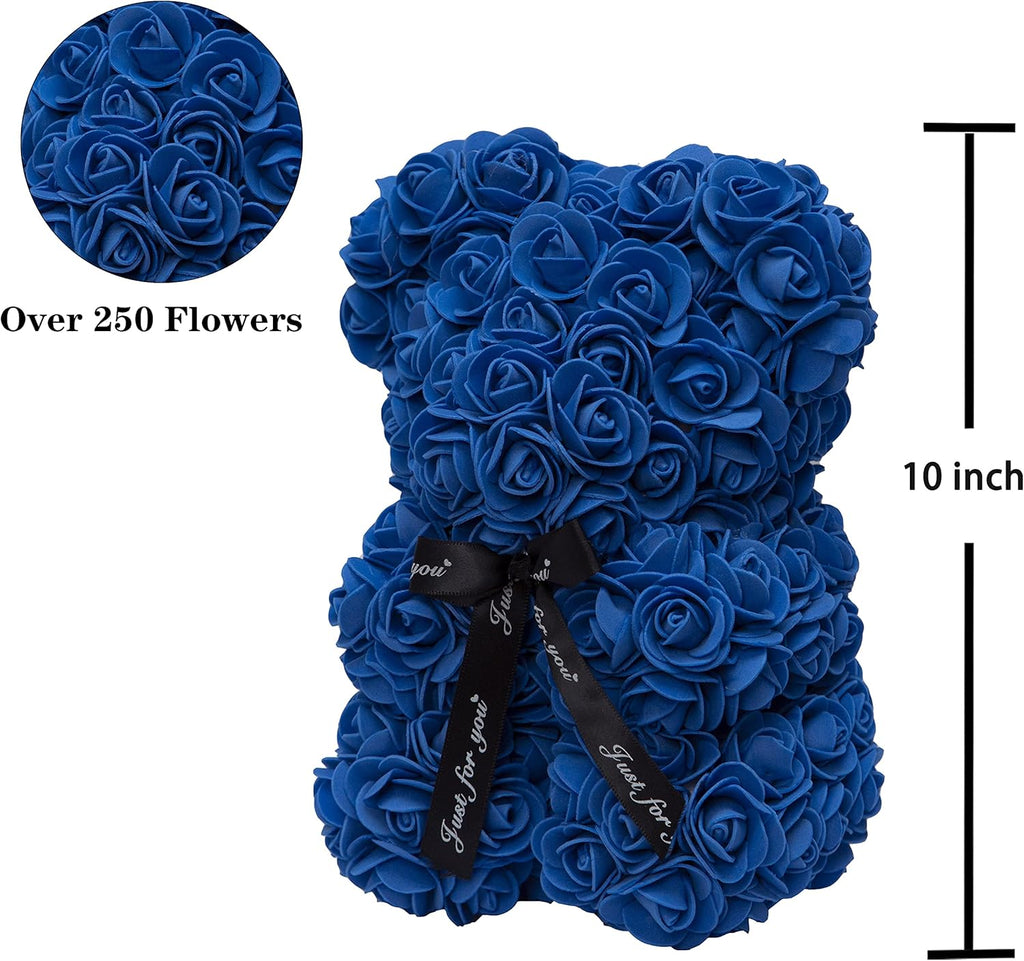 Rose Bear Rose Teddy Bear Flower Gift Black Box for Valentines Gifts Anniversary Christmas,Birthdays Bridal Showers -Fully Handmade 10 Inch Flower Bear Clear Gift Box (Royal Blue)