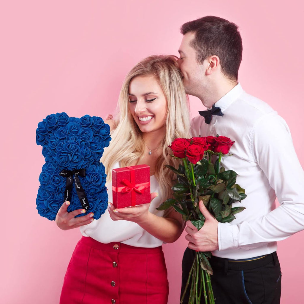 Rose Bear Rose Teddy Bear Flower Gift Black Box for Valentines Gifts Anniversary Christmas,Birthdays Bridal Showers -Fully Handmade 10 Inch Flower Bear Clear Gift Box (Royal Blue)