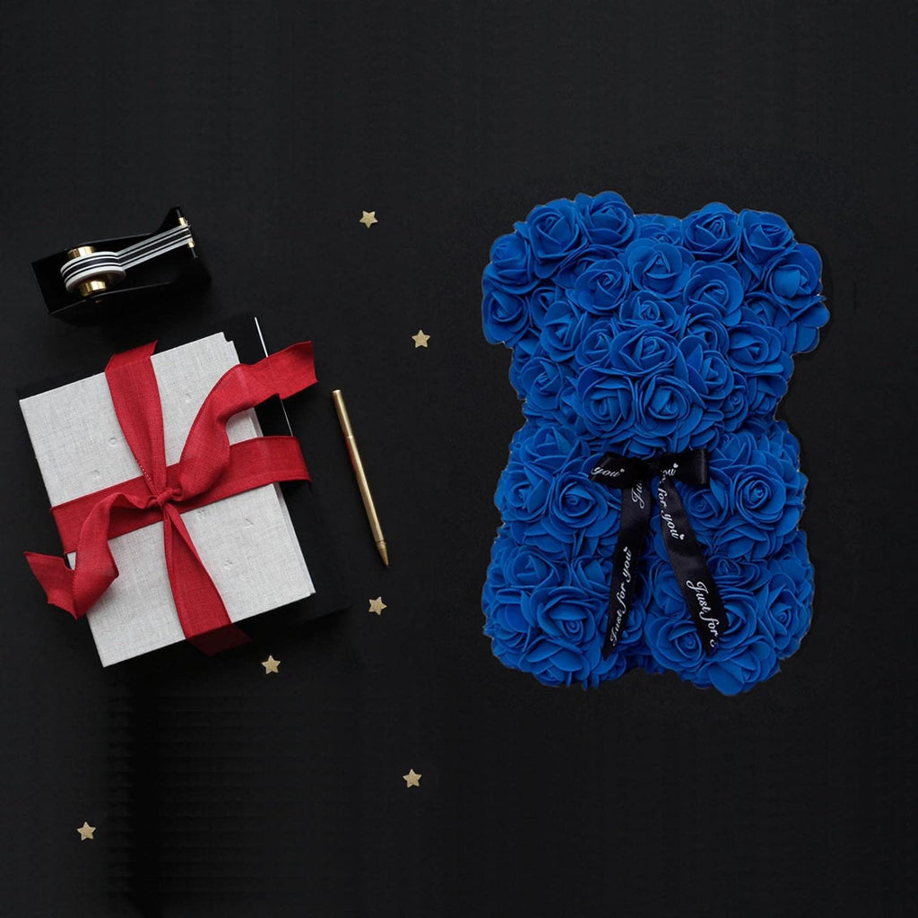 Rose Bear Rose Teddy Bear Flower Gift Black Box for Valentines Gifts Anniversary Christmas,Birthdays Bridal Showers -Fully Handmade 10 Inch Flower Bear Clear Gift Box (Royal Blue)